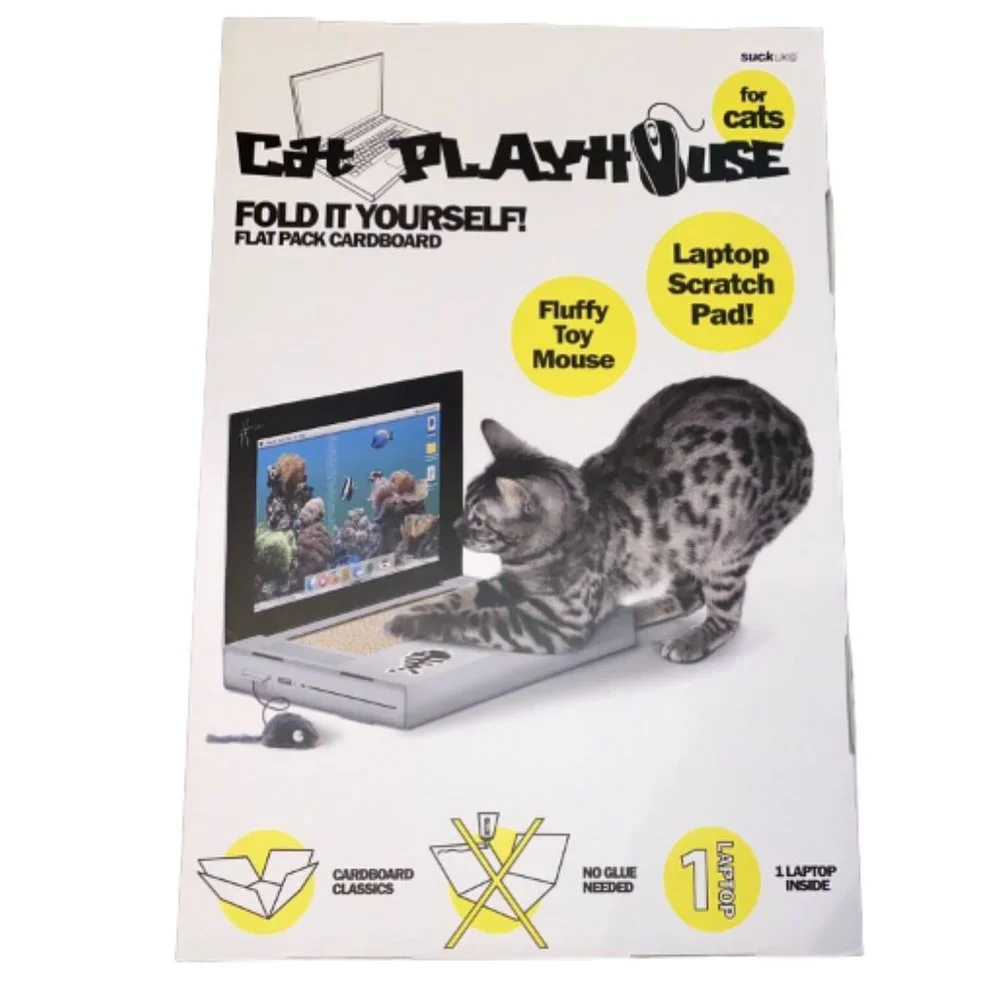 Cat Playhouse Cardboard Laptop Scratcher Pad with Fluffy Toy Mouse